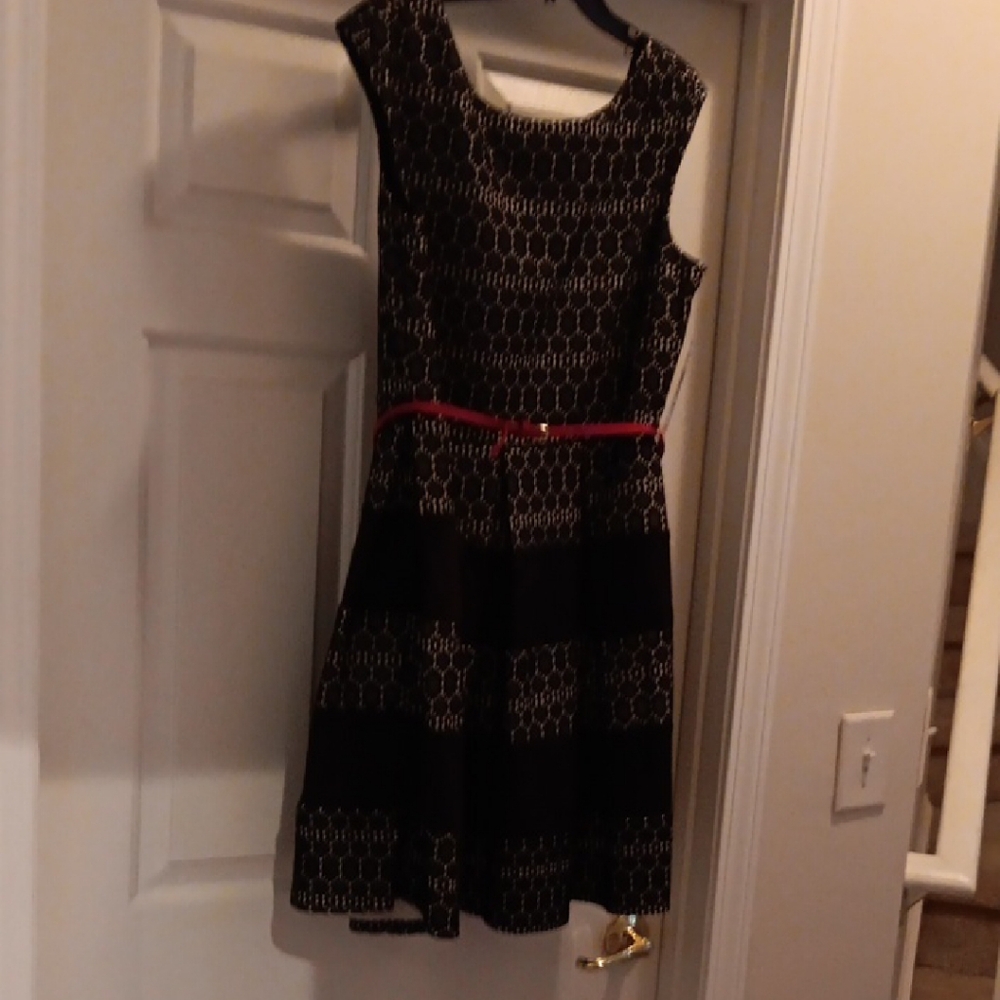 Black and White Sleeveless Dress with Red Belt